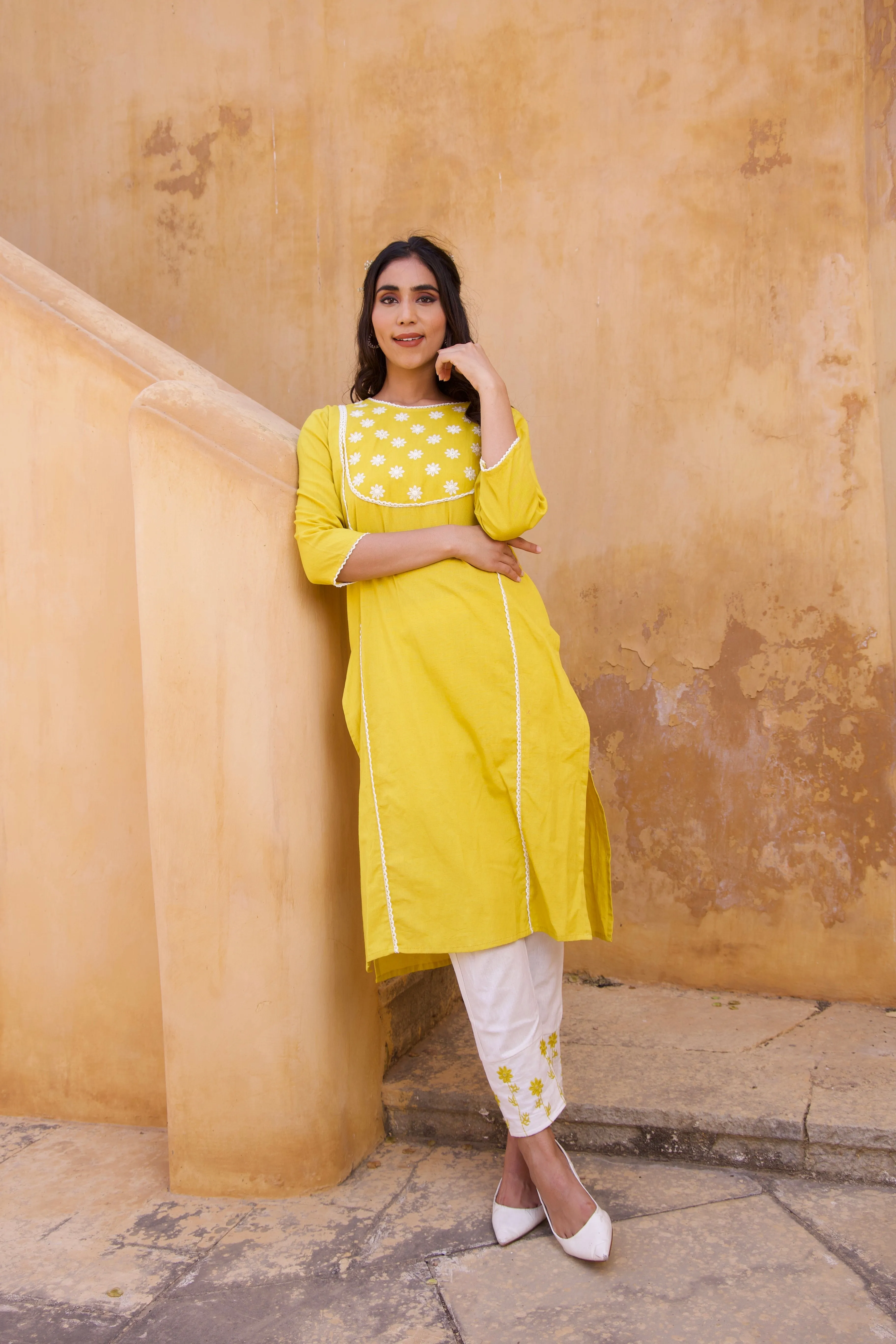 Yellow Cotton floral Summer Kurta Set