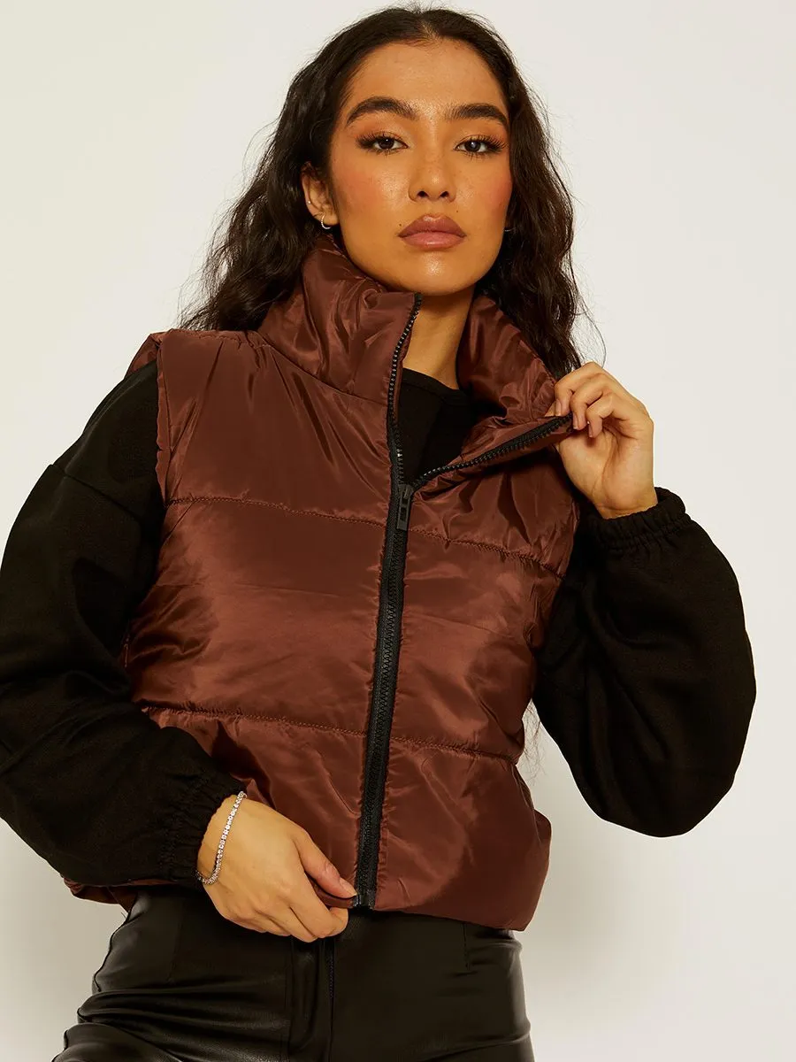Yoli Cropped Padded Gilet In Chocolate