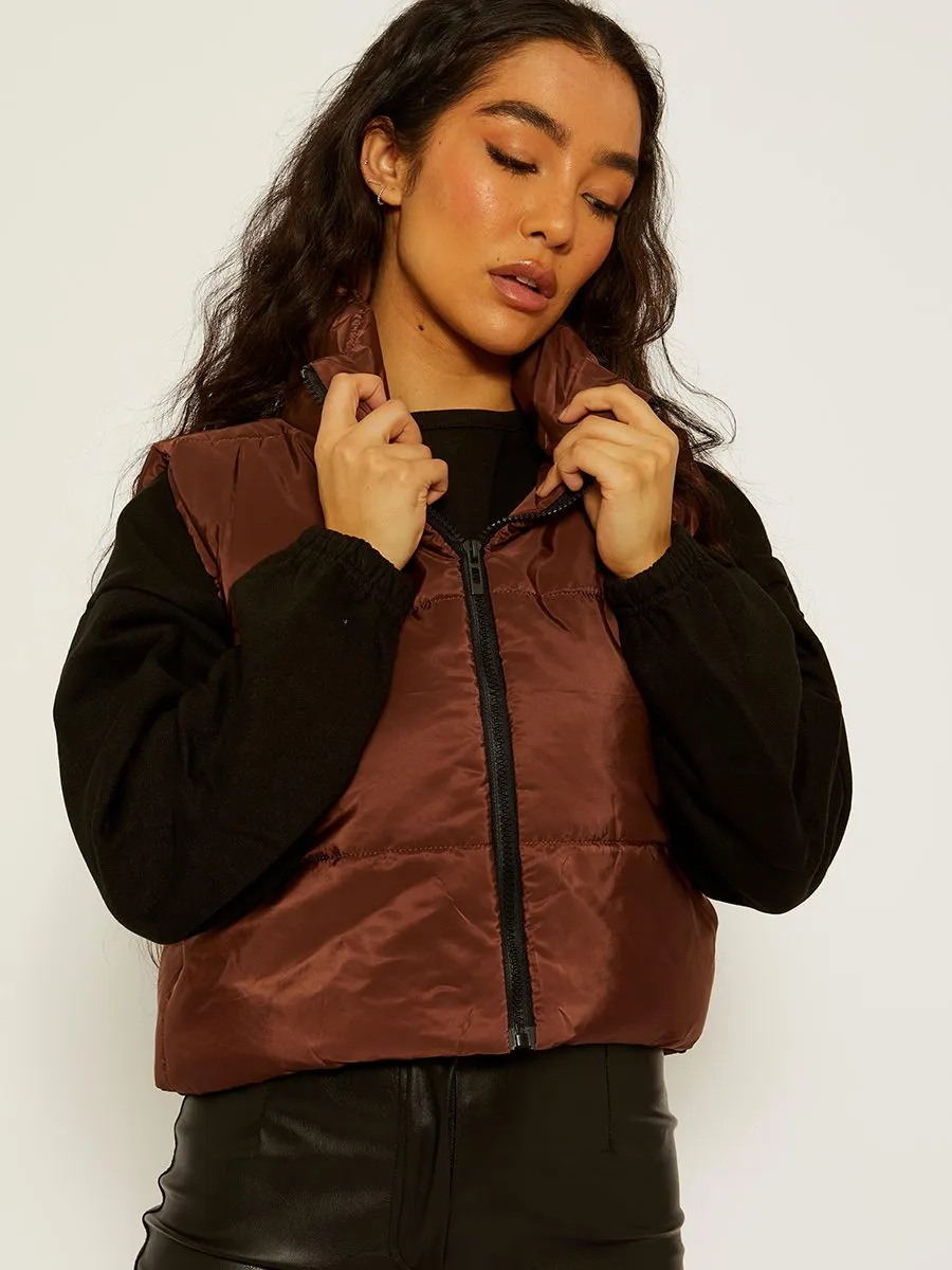 Yoli Cropped Padded Gilet In Chocolate